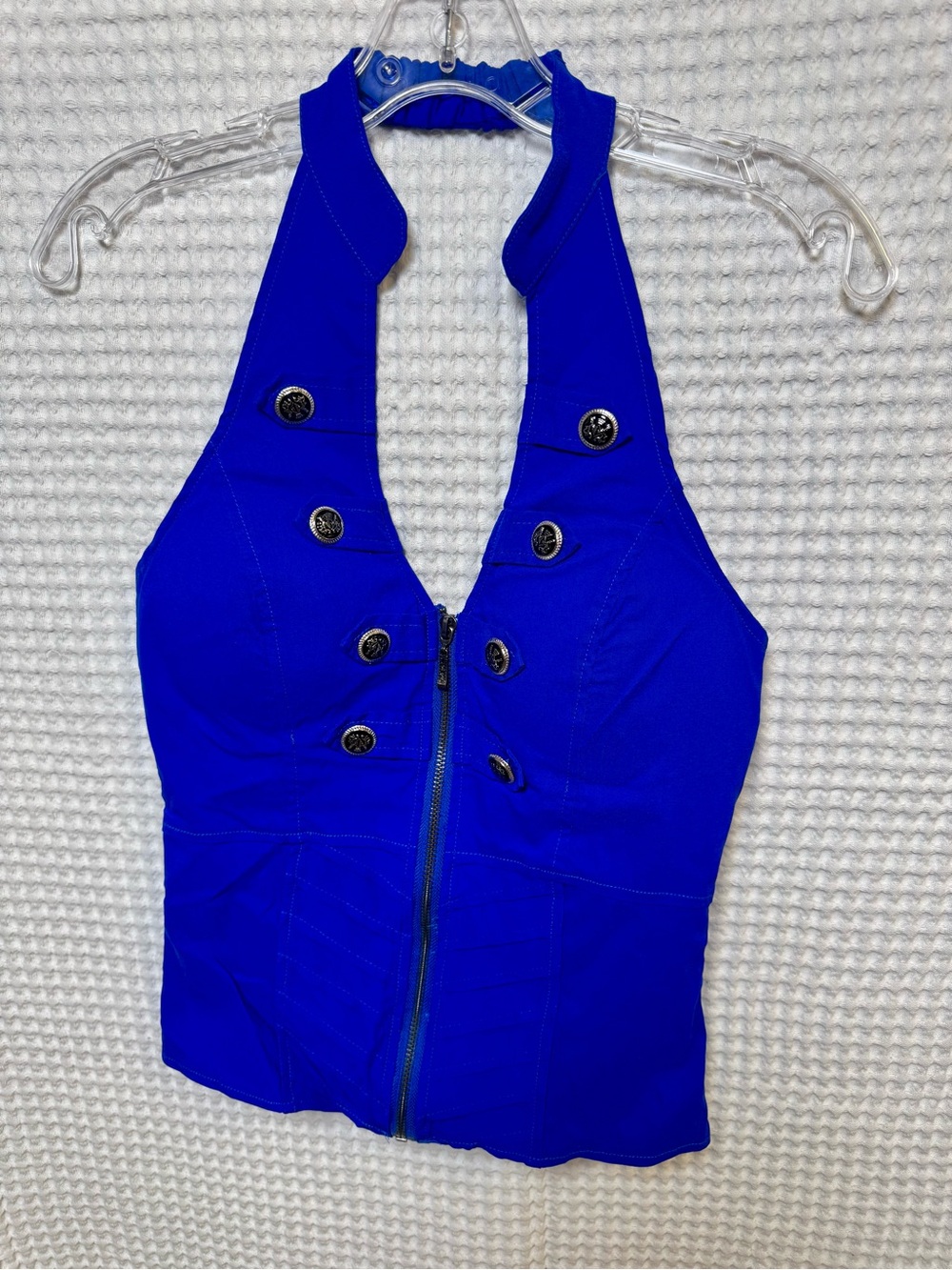 Oh yes Cobalt Blue Zip Up Halter Top with Silver Buttons, Size M. 100% Cotton